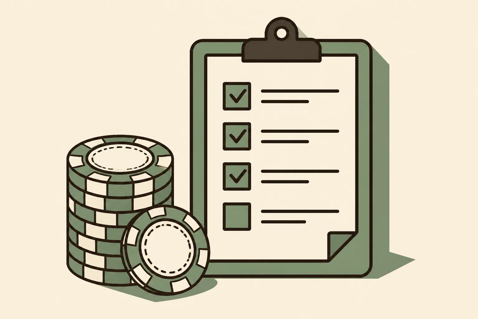 Illustration of a stack of casino chips beside a checklist, representing operator comparison